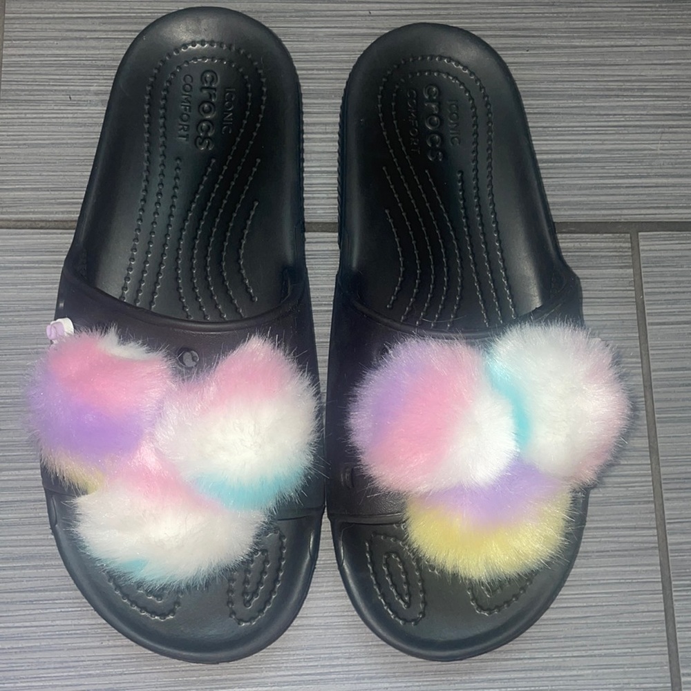 Worn once! Crocs slides with 3 fuzzy poms!